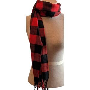 Unisex Fringed Buffalo Plaid Scarf Super Soft Winter Red Black 66 X 13 inch